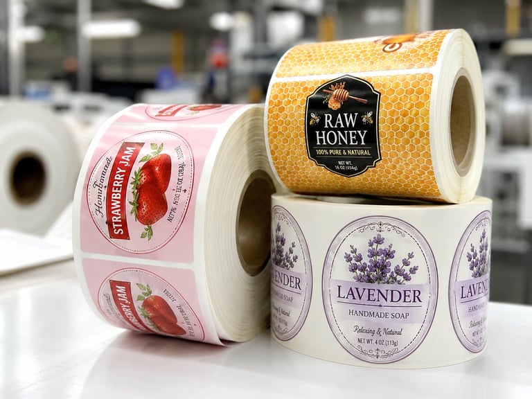 Three rolls of product label stickers displayed on white surface: pink strawberry labels, gold honey labels, and lavender soap labels in an industrial setting