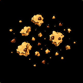 Ilustración de migajas y trozos de cookie en tonos dorados saliendo de la galleta