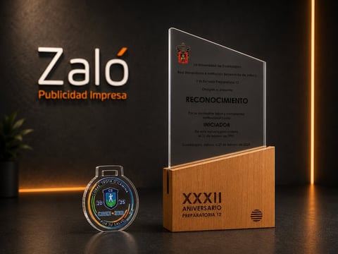 Zalá Publicidad Empresa display with commemorative glass and wood award plaque for 32nd anniversary, alongside decorative medal on dark background with golden lighting.