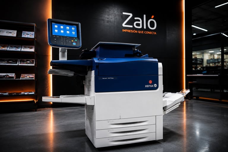 Xerox Color printing system with digital control screen in modern showroom with Zalo branding and ambient lighting
