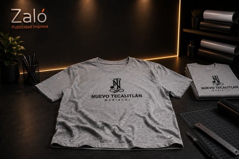 Gray t-shirt with Zalo Nuevo Tenochtitlan logo displayed on dark modern desk with plants and office supplies