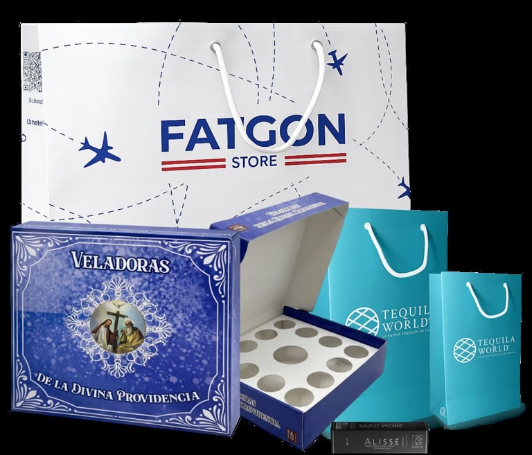 Fatgon Store promotional image showing branded shopping bags and product boxes including Veladora candles and tequila packaging