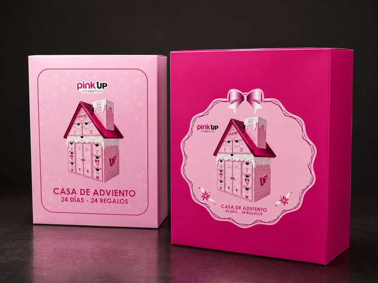 Two pink and magenta advent calendar boxes featuring a house-shaped design with beauty products and Spanish text Casa de Adviento