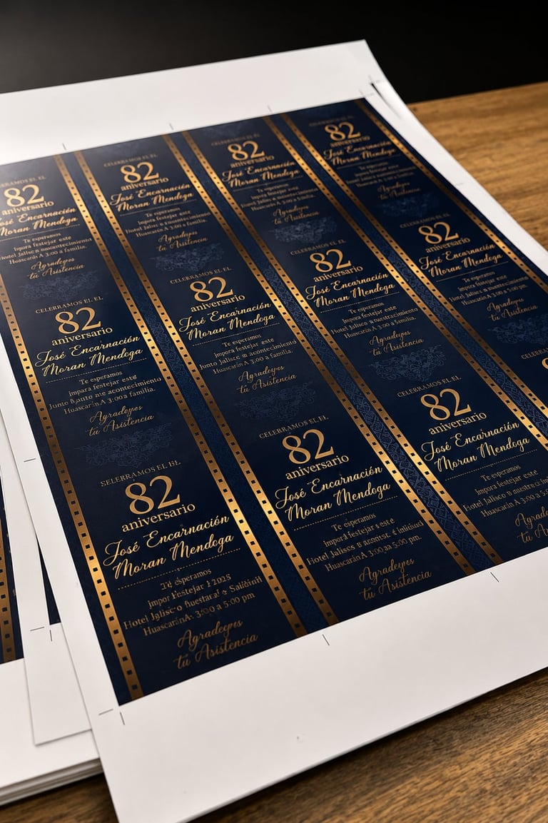 Printed invitation cards with gold 82 anniversary design on dark blue background displayed on white paper