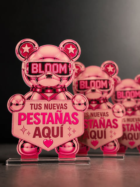 Pink metallic bear figure wearing BLOOM sunglasses with Spanish text reading Tus Nuevas Pestanas Aqui on a banner