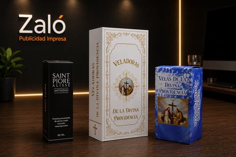 Three luxury fragrance boxes displayed on wooden surface with ambient lighting, including black Saint Pierre Elyses box, white Veladora de la Divina Providencia box, and blue Velas De La Noche box
