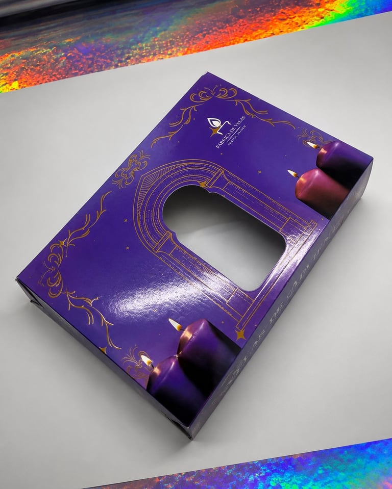 Purple luxury gift box with gold ornamental patterns, cut-out window, and attached black ribbons on white surface with rainbow light reflections