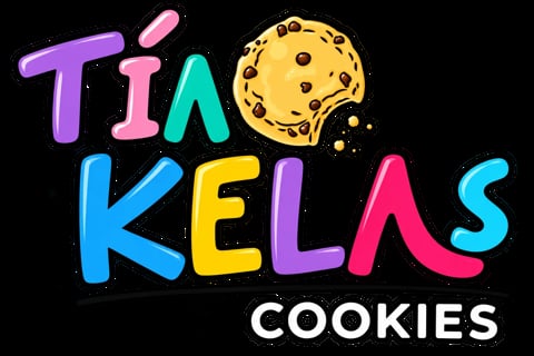 Tia Kelas Cookies logo with colorful letters and a yellow cookie illustration on black background