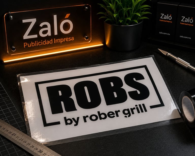 Business desk setup showing ROBS by rober grill sticker, neon Zalo sign, plant, and branding materials on black surface