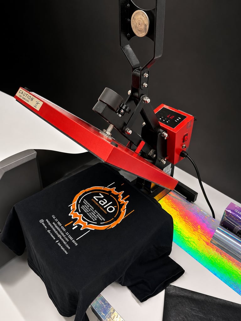 Heat press with black t-shirt featuring orange logo being printed with rainbow gradient design